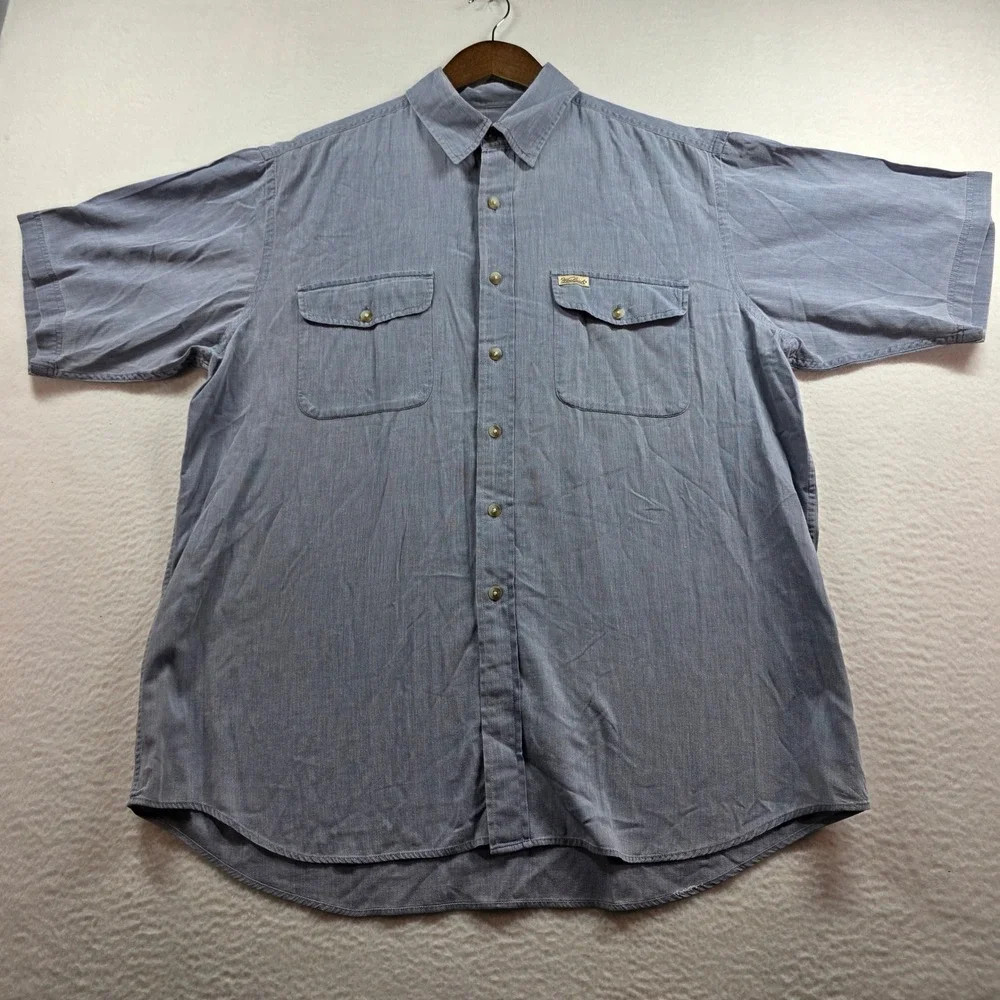 Woolrich Mens Large Blue Cotton Short Sleeve Button Down Shirt‎ Textured Outdoor